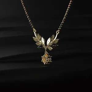 Collier de luxe pour femme, pendentif minimaliste en or avec diamant solitaire rond et motif feuille de vigne, bijoux de mariée en diamant. - Product Image 3