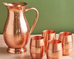 Copper jug set for artistic family table culture water serving metal set with <b>glasses</b> durable reusable kitchen serving - Product Image 4