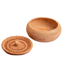Круглая корзина из натурального ротанга ручной работы, Настольная тканая коробка, сделанная во Вьетнаме