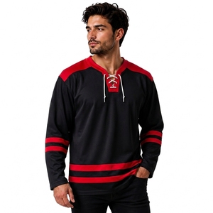 Maillot de hockey personnalisé noir et rouge à manches longues, col ras du cou à lacets, 100 % polyester, logo frontal, tenue d'équipe, haut décontracté d'entraînement - Product Image 3