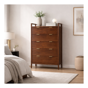 Commode haute à 5 tiroirs en bois massif écologique et durable de haute qualité, collection SAPA RANGE, style appartement moderne - Product Image 1