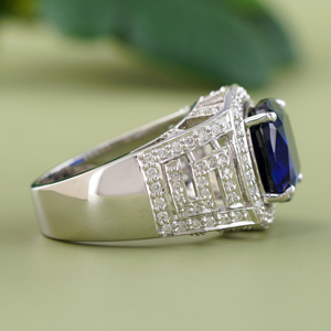Cushion Cut Blue Sapphire CZ <b>Ring</b> 14K White <b>Gold</b> Pave Halo Lab Diamond Accents Wide Band Statement Anniversary <b>Cocktail</b> Jewelry - Product Image 2