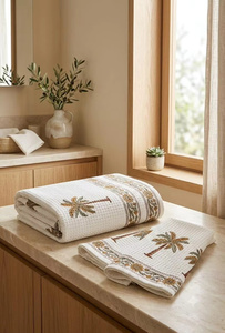 Top Selling Waffle Cotton 1 <b>Bath</b> and 2 Hand <b>Towel</b> <b>Set</b> Hand Block Printed Quick Dry Soft Eco Friendly for <b>Bath</b> Travel - Product Image 1