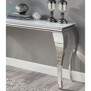 Tavolo Console Contemporaneo Glamour con Piano in Vetro Bianco e Gambe in Acciaio Inox Stile Cabriole per Soggiorno, Colore Argento - Product Image 3