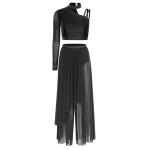 Costume de danse lyrique de style moderne, haut court à une épaule orné de strass brillants avec jupes en maille, justaucorps pour ballet et patinage - Product Image 4