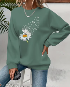 Green Oversized <b>Dandelion</b> <b>Print</b> Pullover Sweatshirt Regular Sleeve O-Neck Knitted Casual Unisex Spring Wear 100% Cotton - Product Image 1