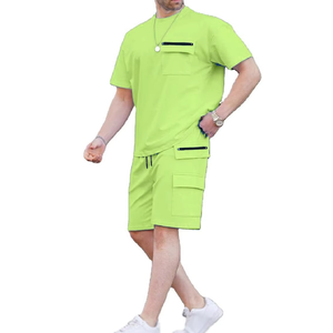 <b>Men's</b> Lime Green Casual Short Sleeve T-Shirt With Shorts Set Breathable Solid Color Crew Neck Drawstring Waist Summer Wear - Product Image 1