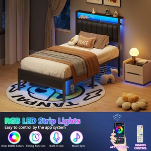 Base de Cama Metálica Tamaño Individual con Cabecera con Almacenamiento, Luces LED y Estación de Carga, Muebles de Dormitorio Modernos en Negro, OEM/ODM - Product Image 3