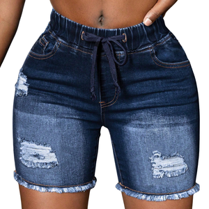 Womens Summer Casual Dark Blue Denim Pants <b>Elastic</b> Mid <b>Waist</b> Drawstring Ripped Distressed Washed Raw Hem Streetwear Fashion - Product Image 1