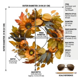 Vibrant Autumn Wreath Featuring Golden Sunflowers, Mini Pumpkins And Foliage, Festive Thanksgiving Harvest <b>Front</b> <b>Door</b> <b>Decoration</b> - Product Image 3