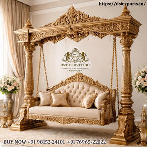 Décoration d'entrée de mariage traditionnel gujarati : élégante balançoire Ganesha en FRP, scène de mariage avec balançoire lourde en bois sculpté, Australie - Product Image 5