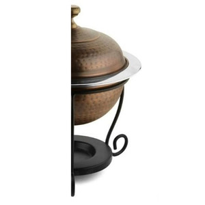 Hammered <b>Copper</b> Chafing Dish Featuring A Black Scroll Stand And Matching <b>Knob</b> Lid Ideal For Modern Dining Events & Wedding Used - Product Image 4