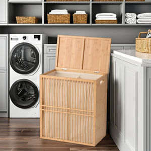 Panier à linge de haute qualité amovible en bambou à double compartiment, élégant et moderne avec doublure en tissu à prix compétitif - Product Image 1