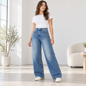 <b>Women</b> High Waist <b>Baggy</b> Straight Leg Denim <b>Jeans</b> Medium Blue Breathable Casual Winter Style - Product Image 5