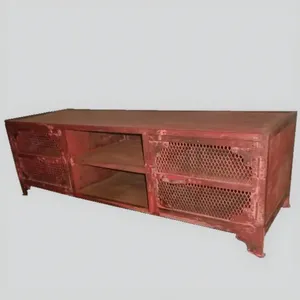 Meuble TV vintage industriel en bois massif avec portes en treillis métallique, étagère de rangement ouverte, fait main pour la maison, l'hôtel, la ferme - Product Image 2