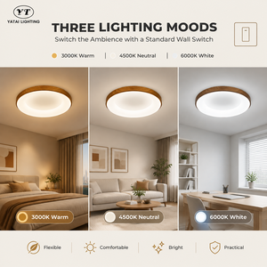 Plafonnier LED rond moderne avec cadre en fer imitation bois, diffuseur en acrylique, trois températures de couleur, 46 cm - Product Image 3