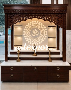 Marble Look Om Design Teak Wood <b>Mandir</b> for Home Modern Design Customized Size Pooja Room Cabinet Dark Polish Temple with 3 Steps - Product Image 3