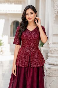 Party wear Fancy Satin with Solid & Kali Pattern <b>Flared</b> Lehenga & <b>Sequin</b>-Pipe Embroidery Peplum-Choli Ready Set Indian Supplier - Product Image 2