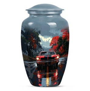 Urne funéraire personnalisée en aluminium pour cendres d'adultes, motif voiture de sport rouge sur scène de route pluvieuse, urne commémorative pour cendres humaines - Product Image 1