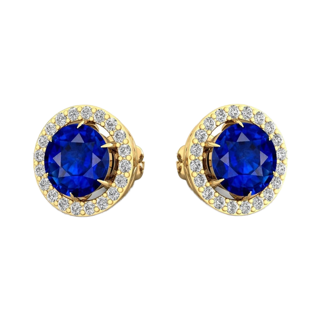 Vintage Design Lab Grown Blue Sapphire Gemstone & Real White Diamonds Luxurious Earring Studs in 18k Gold Fine Bridal Jewelry