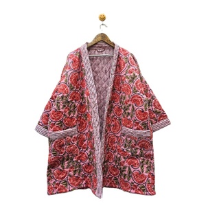 Bohemian Women's Red Floral Quilted <b>Kimono</b> Robe Handmade Organic Cotton Bathrobe Durable Comfortable V-neck Pockets Midi Length - Product Image 1