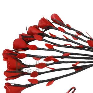 Handmade Leather Flogger With Thick Handle And Wrist Strap Red Black Striped Design - Product Image 3