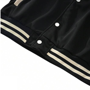 Men's Black Varsity Jacket Woolen Quick Dry Cotton-Lined Stand Collar <b>Covered</b> <b>Button</b> Closure Full-Sleeve Blank Spring Wear - Product Image 5