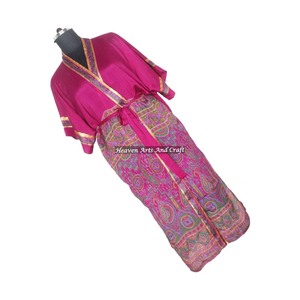 KL005 Beautiful Vintage Blended Poly Silk Sari Kimono Long Robe Double Pocket Nightgown Women Summer <b>Winter</b> Quick Dry Drawstring - Product Image 1