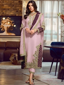 Kurta semisellada de georgette rosa KV con adornos, con pantalón y dupatta (Conjunto de 3 piezas) - Product Image 6