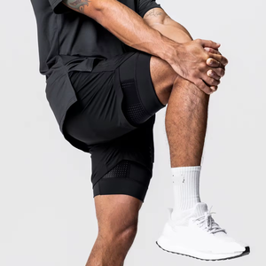 Shorts de sport pour homme 2-en-1 à double couche, séchage rapide, respirants, extensibles, pour la course et l'entraînement, avec poches zippées, logo personnalisé - Product Image 2
