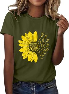 Camiseta de algodón de manga corta, estilo retro, moderna, elegante y ajustada para mujer, con estampado de girasoles, tejido ligero, informal, para verano. - Product Image 3