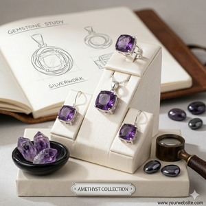 925 <b>Silver</b> Amethyst Jewelry <b>Set</b> Square Bezel Classic Women's Necklace Earrings <b>Ring</b> Everyday Wear - Product Image 2