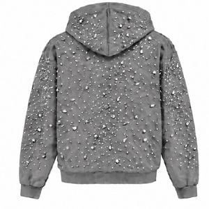 Sweat-shirt à capuche gris argenté perlé avec fermeture éclair, orné de cristaux étincelants, style streetwear tendance, à manches longues, avec P - Product Image 2