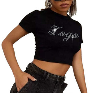 Women's Black Crop <b>Top</b> <b>Rhinestone</b> Logo Streetwear Short Sleeve Crew Neck Knitted T-Shirt Spring Summer Wear - Product Image 3