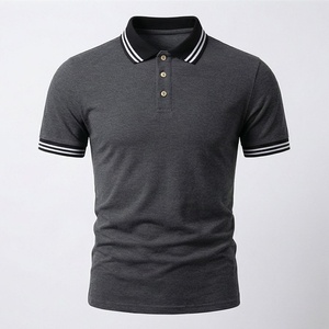 Polo à manches courtes gris foncé pour homme, couleur unie, en coton tricoté, décontracté, respirant, coupe classique, avec col à bordure blanche - Product Image 1