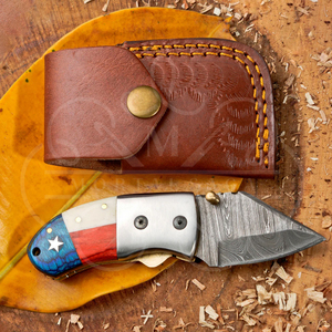 Mini couteau pliant de poche en acier Damas avec manche à motif drapeau du Texas, couteau EDC fait main sur mesure, lame tranchante, couteau de camping en plein air - Product Image 4
