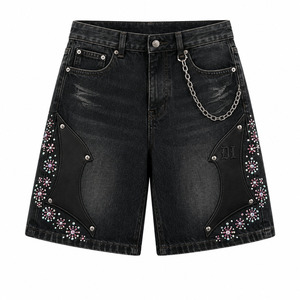 Shorts Bermuda Baggy Y2K en Jean Noir Délavé Crystal Shield pour Hommes avec Appliques en Cuir et Chaîne en Strass – Faible MOQ, Vente en Gros - Product Image 2