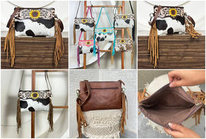 Hot Selling Premium Brown Tooled Leather Crossbody Fringe Bags New Hair on Fur Leather Sunflower Pattern Ladies Shoulder Bags - Product Image 3