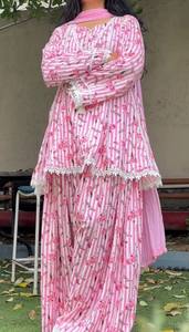 Pink Floral Striped Digital Print Cotton <b>Kurta</b> Pant Set <b>Women</b> Loose Fit Casual Summer Wear India Pakistan Style Ankle Length - Product Image 5
