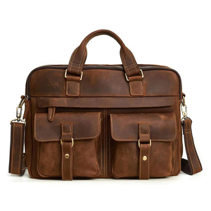 Sac de bureau classique pour homme en cuir Crazy Horse avec fermeture éclair et design durable pour usage professionnel - Product Image 1