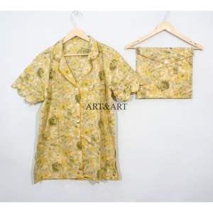 Ensemble pyjama short en coton pur à 100 %, imprimé à la main, élégant et classique, pour les vacances d'été, avec poches, doux et respirant - Product Image 2