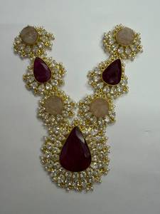 Natural Stone Maharani Necklace With <b>Earrings</b> and Maangtika Set <b>Studded</b> With <b>Crystals</b> - Product Image 1