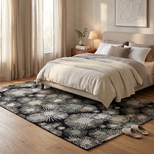 Tapis en laine noir ivoire motif floral étoilé, écologique, antidérapant, tufté à la main pour salon, chambre et intérieurs d'hôtels - Product Image 3