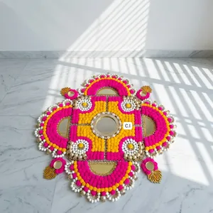 Traditional Cotton Rangoli Decoration Pink Yellow Mirror Design Wedding Decor - Product Image 1