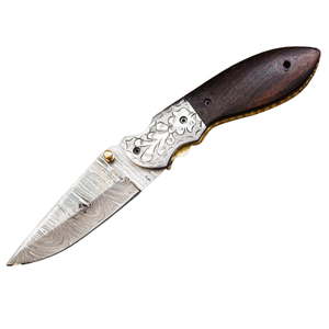 Couteau Karambit pliant à motif avec manche en bois brun, lame courbée argentée, anneau de doigt doré, couteau de poche pour utilisation extérieure - Product Image 2