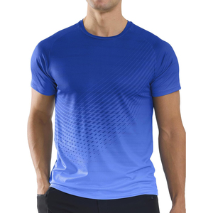 T-shirt pour homme à manches courtes, col rond, motif géométrique dégradé, tricoté, coupe ajustée, séchage rapide, style sportif, bleu et blanc, T-shirt de sport - Product Image 3