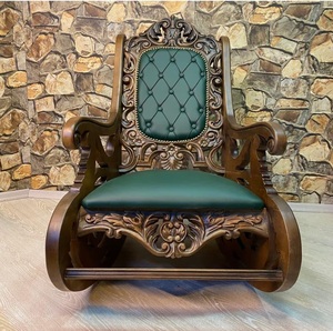 Fauteuil à bascule de luxe en teck massif sculpté, fauteuil inclinable vintage en cuir antique, ensemble de meubles de salon - Product Image 4