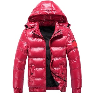 Red Coated Canvas Glossy Puffer Jacket Windproof Breathable <b>Winter</b> Hooded with Patchwork Nylon Hoodie Zipper Up Bubble Jackets - Product Image 1
