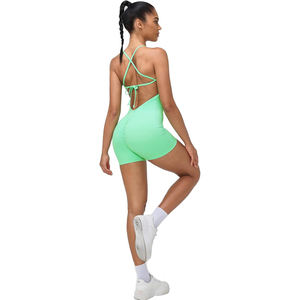 Combinaison de yoga à col montant pour femme, sans couture, tenue de sport, dos découpé, manches longues, en Spandex et Polyester, taille croisée sculptante - Product Image 4