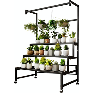 Support à plantes en métal robuste à 3 niveaux avec barre de suspension, porte-pot de fleurs en fer pour intérieur, extérieur, balcon et jardin - Product Image 1